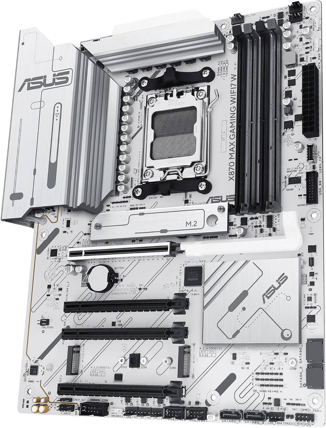 ASUS X870 MAX Gaming WIFI7 - Placa Base AMD X870 ATX, Blanco, 12+2+1 DrMOS, DDR5, PCIe 5.0, Q-Release, M.2, WiFi 7, WiFi Q Antenna, 2.5Gb Ethernet, HDMI, USB4, USB Tipo-C, BIOS Flashback, Aura Sync