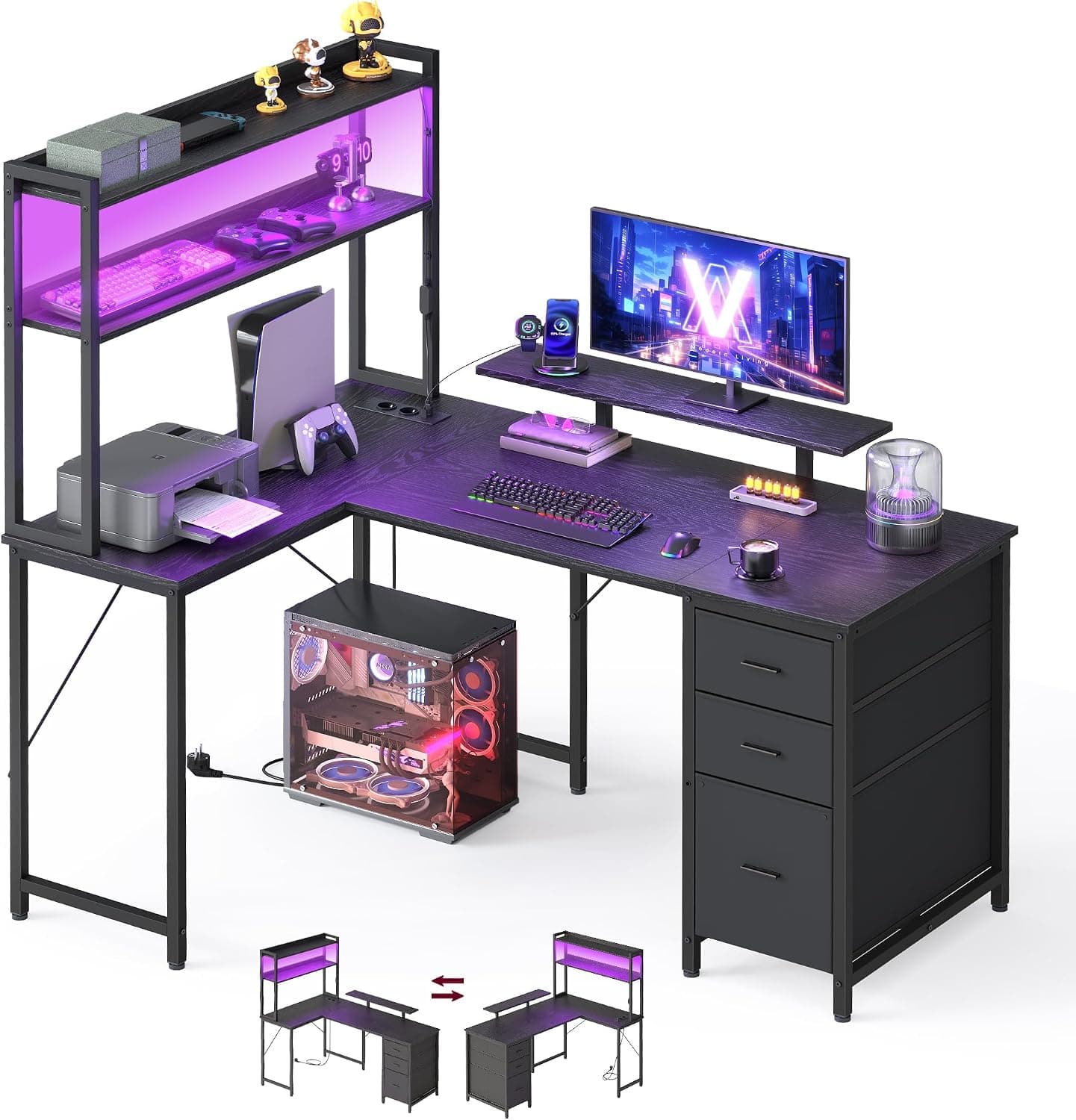 VASAGLE Escritorio en L, Mesa de Ordenador Gaming, con Enchufes y USB