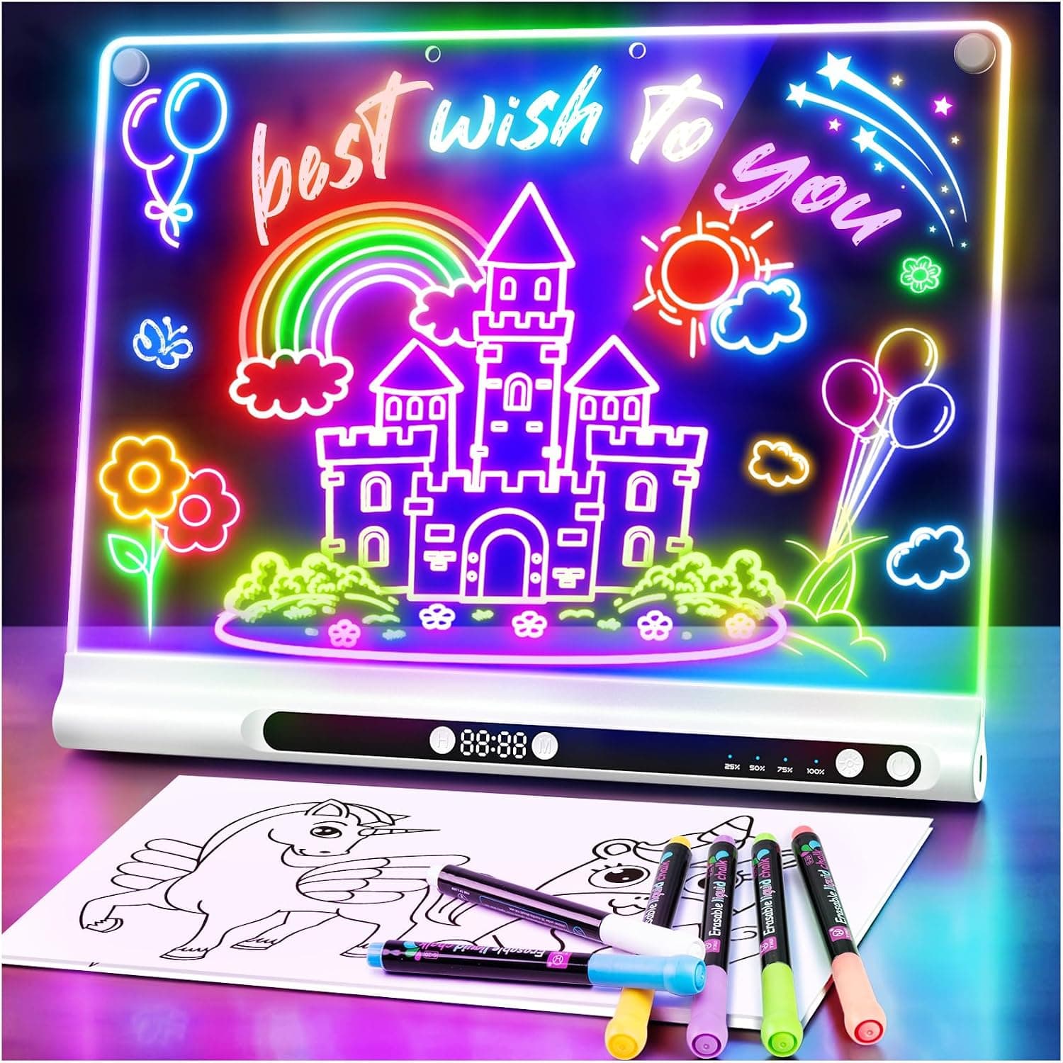 Pizarra de dibujo LED recargable 41 cm, 9 modos de luz con temporizador y soporte integrado, tablero acrílico neón borrable en seco, regalo niños/adolescentes, 6 rotuladores y libro de calco, blanco