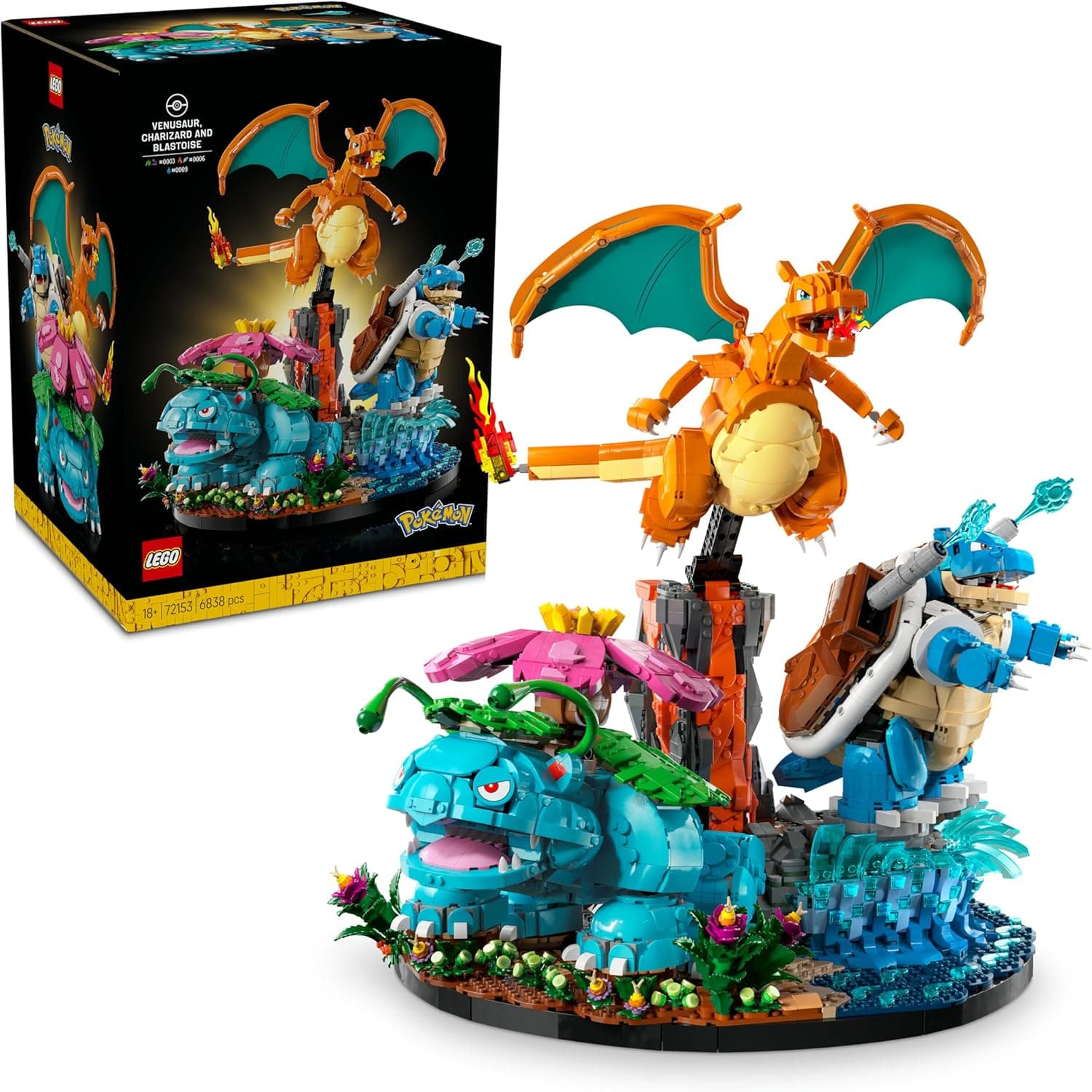 LEGO Pokémon Venusaur, Charizard y Blastoise - Puzle 3D para Adultos - 3 Figuras Anime Articuladas con Biomas - Decoración para la Estantería - Regalo Gamer para Hombres y Mujeres Fans - 72153