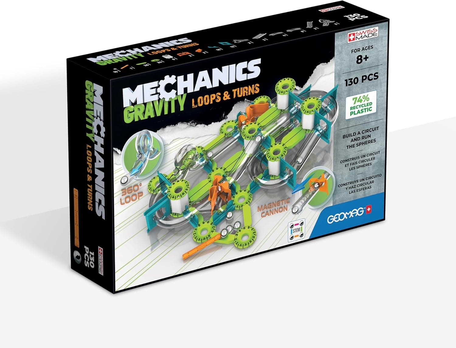 Geomag - Mechanics Gravity Loops & Turns - Juego Educativo y Creativo para Niños - Bloques de Construcción Magnéticos, Circuito con Bloques Magnéticos - Juego de 130 Piezas