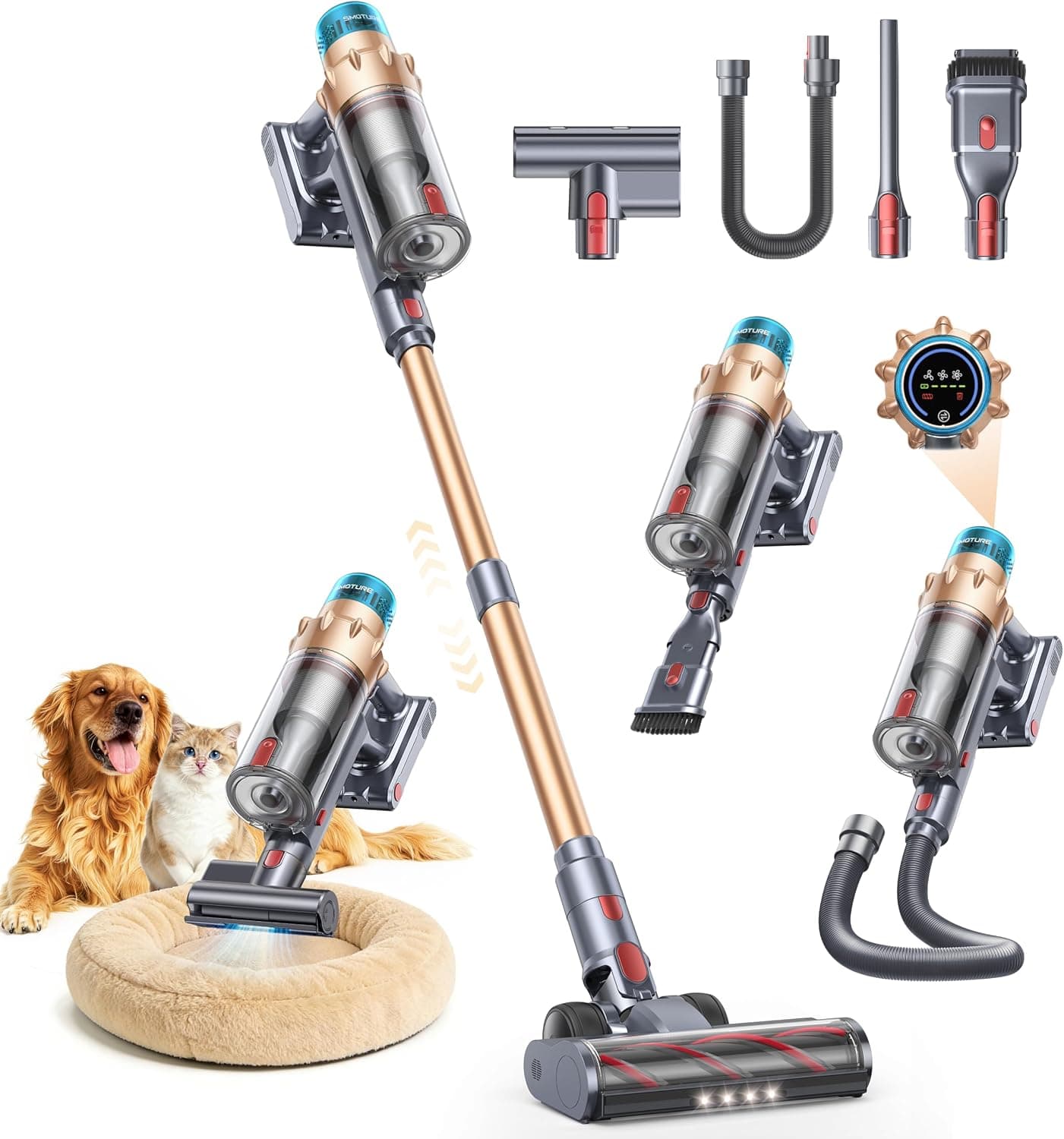 Aspiradora sin Cable 55KPa/650W/70Min(ECO), Aspiradora Escoba Vertical Potente con Cepillo para Colchón, Manguera 1M, Cepillo Anti-Enredo con Luz, Modo Automático, Carga Pared, Coche/Suelos/Alfombras
