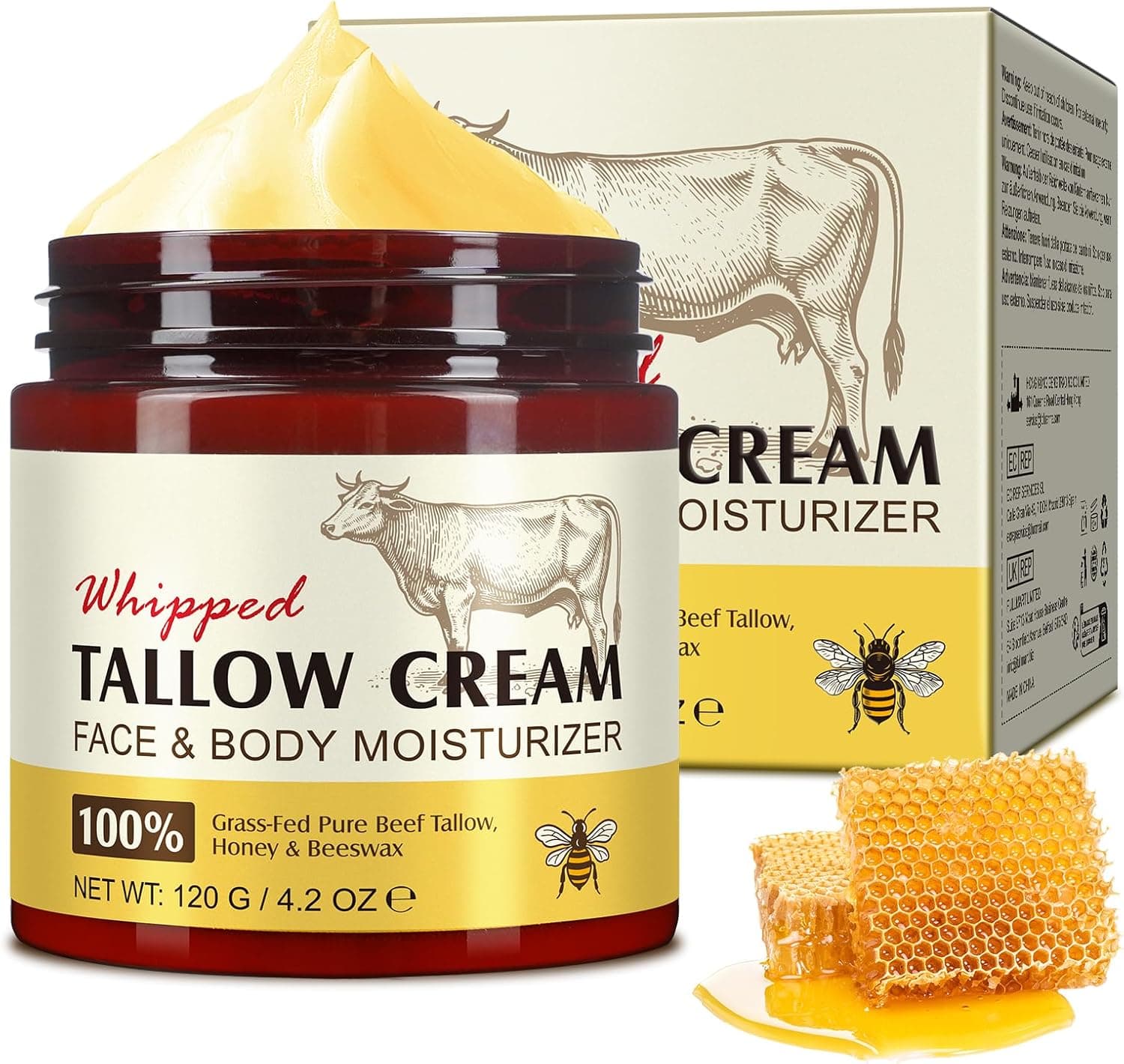 Bálsamo de Sebo de Res y Miel 120g, Beef Tallow Cream, Crema De Sebo Y Miel 120g, Bálsamo de Miel y Sebo de Res Alimentado con Pasto, BáLsamo Facial Hidratante Para Cara Y Cuerpo, Absorción Rápida