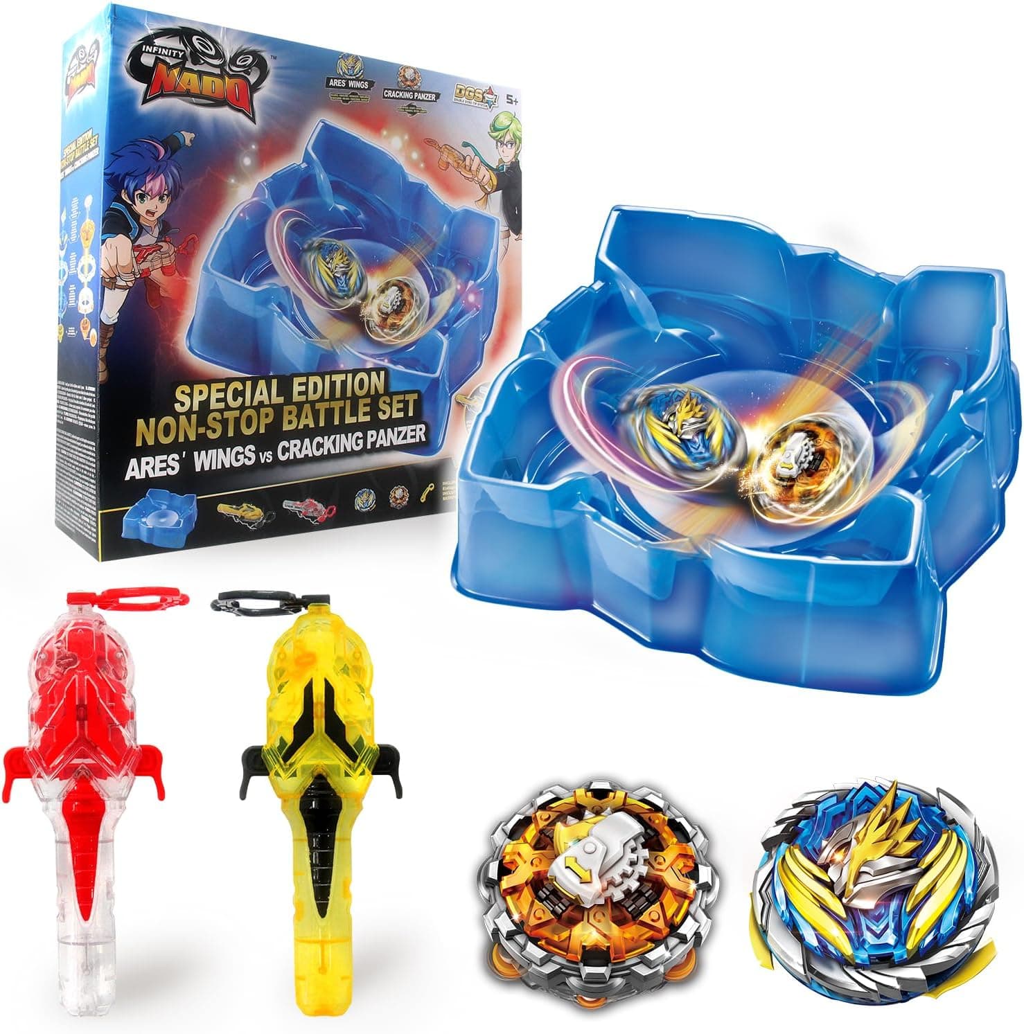 INFINITY NADO Set Arena 2 Lanzadores Magnéticos – 2 Peonzas Metal 5+