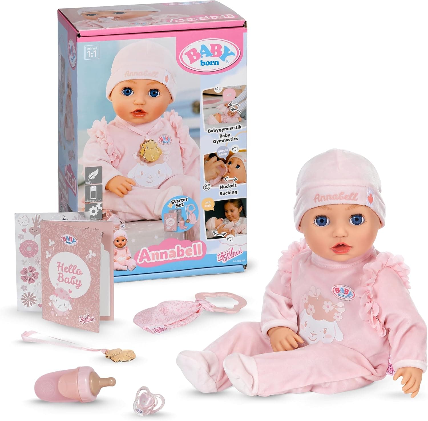Baby born Annabell 43 cm muñeca bebé con Sonido, 7 Funciones