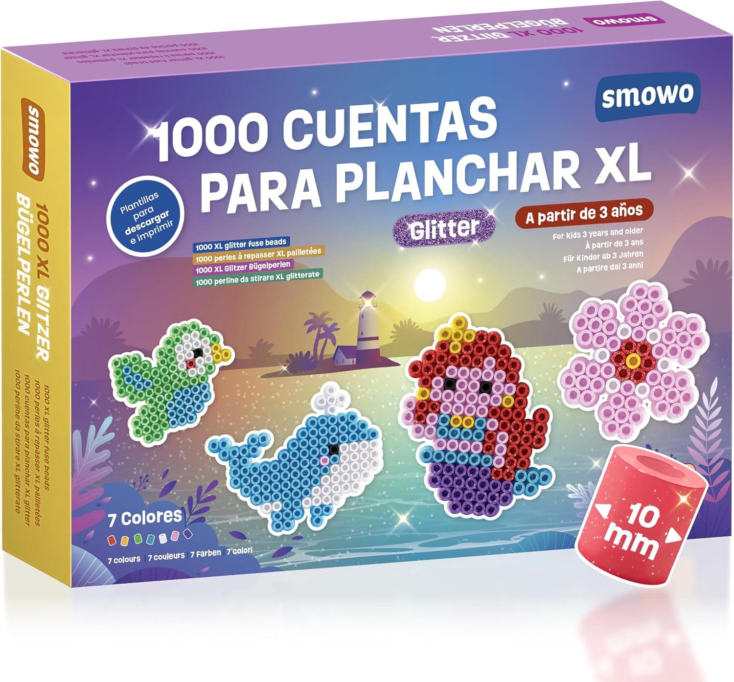 Smowo Perlas Grandes de 10 mm con Purpurina para Manualidades, 1000 Unidades, para Niños a partir de 3 Años, 7 Colores, Perlas XL