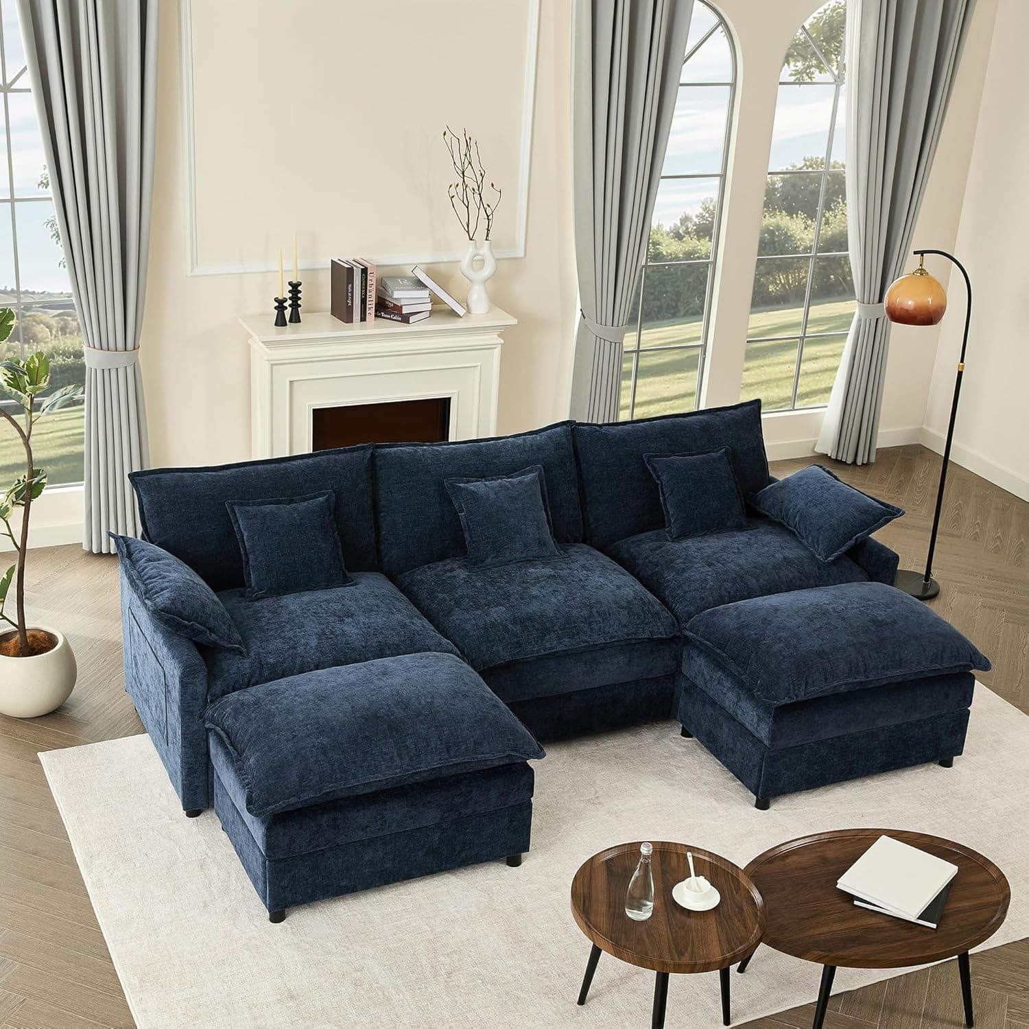 274 cm Sofá 3 Plazas Modular en Forma de U con Pufs Móviles, Azul Marino