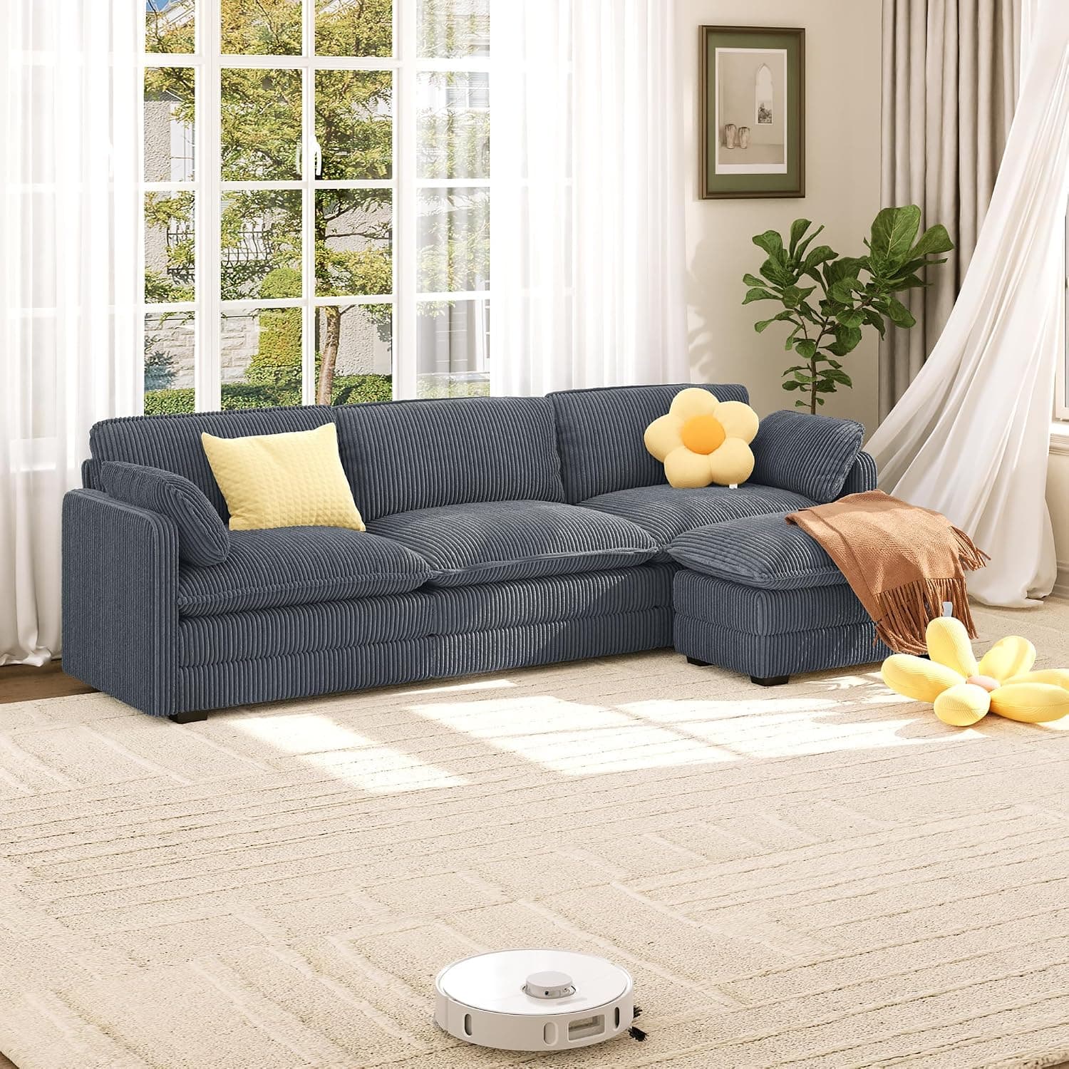 Xbro Sofá Modular en Forma de L, Sofá Nube para Sala 3 Plazas, Sofás Convertibles con Taburete Otomano, Tela de Pana, 243 x 141 x 85cm, Gris Oscuro