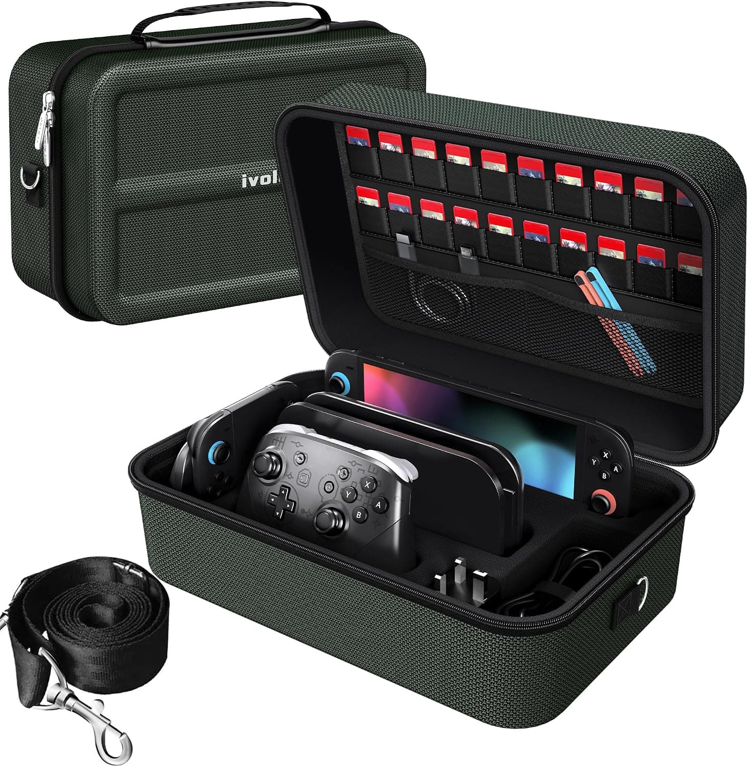 ivoler Funda para Nintendo Switch 2, Protectora Dura de Lujo para Interruptor portátil, Estuche para la Consola Nintendo Switch 2, y Otros Accesorios Contiene 20 Cartuchos de Juego-Verde Militar