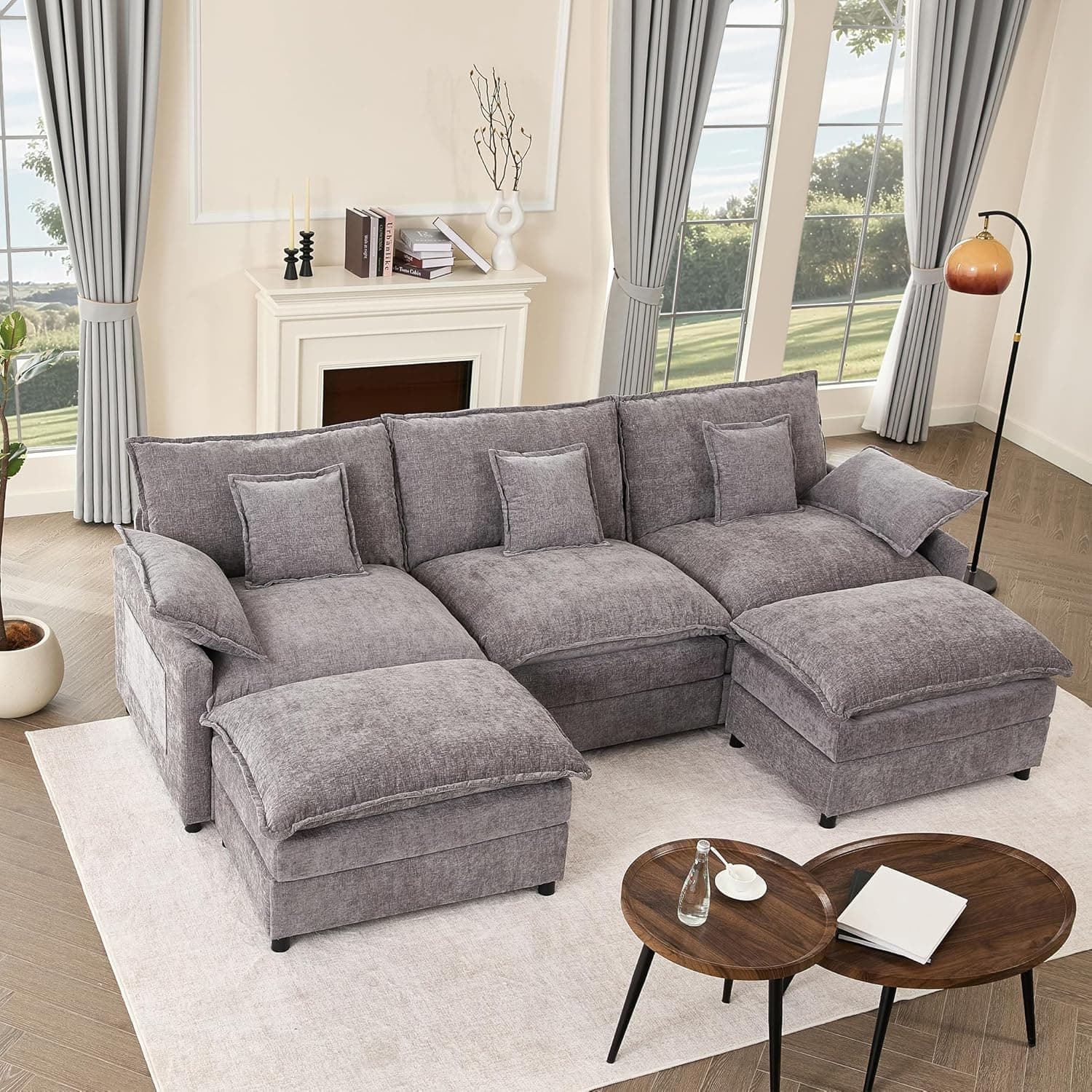 274 cm Sofá 3 Plazas Modular en Forma de U con Pufs Móviles, Gris
