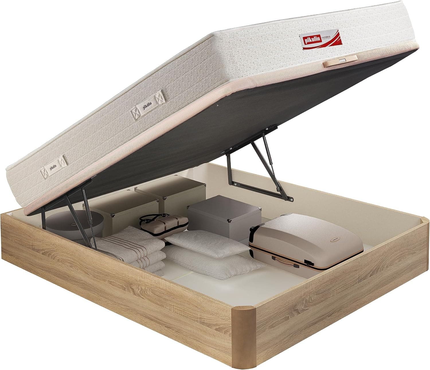 PIKOLIN Pack Colchón Viscoelástico de Muelles 150x190 + Canapé Base Abatible Natural y Dos Almohadas de Fibra | Incluye Subida a Domicilio, Montaje y Retirada de Usado