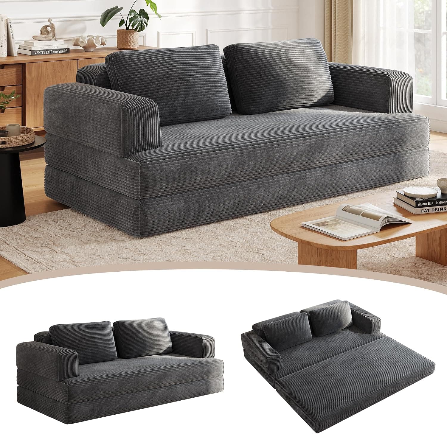 Sofá Cama 2 Plazas 160 cm, Sofá de Suelo Modular con Función de Dormir, Sofá de Nubes de Pana con Cojín para Dormitorio y Sala de Estar (Gris)