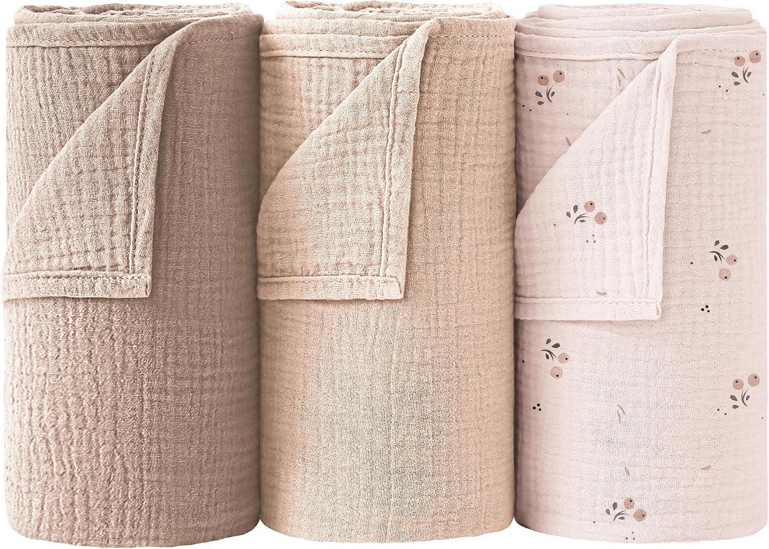 Bearmoss 100% Algodón Mantas Envolventes de Muselina para Bebé 3PCS, Mantas Swaddle de Muselina de Algodón Bebé Recien Nacido,Muselina Manta Bebé Suave y Transpirable para Bebé,96x102cm (Flores)