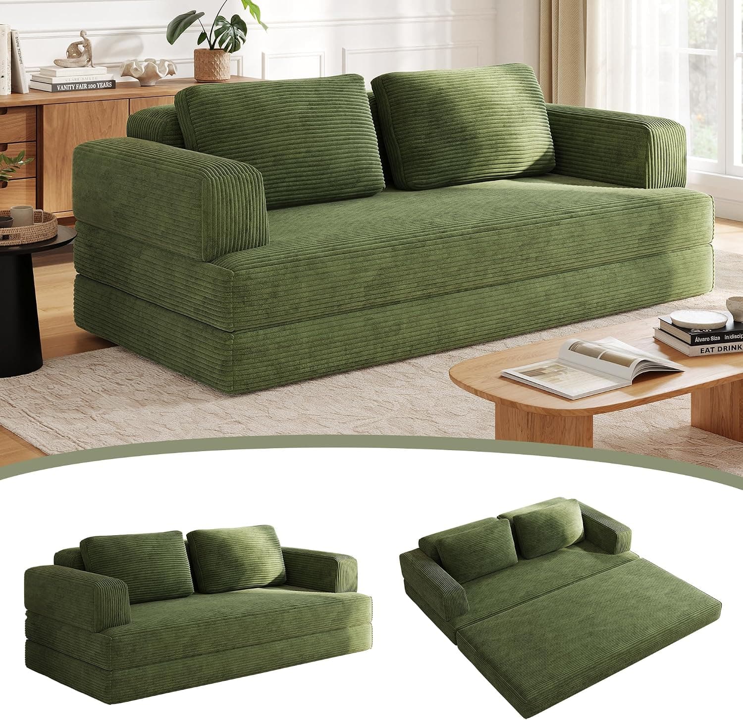 Sofá Cama 2 Plazas 160 cm Wide, Cord Sofá de Suelo Modular con Función de Dormir, Sofá de Nubes de Pana con Cojín para Sala de Estar y Dormitorio (Verde)