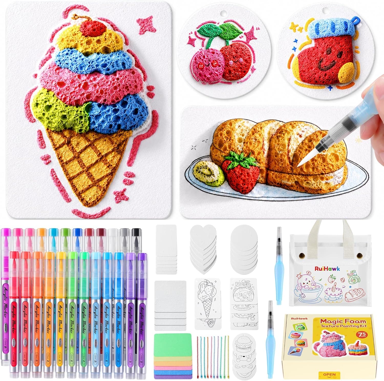 RuiHawk Kit de Pintura Mágica de Espuma 3D, 75 Piezas – Pintura Hinchada DIY con 24 Bolígrafos Acrílicos, 38 Hojas de Textura y Cuentas, Regalo Creativo para Niños 5, 6, 7, 8, 9 Años(Bolsa Incluida)