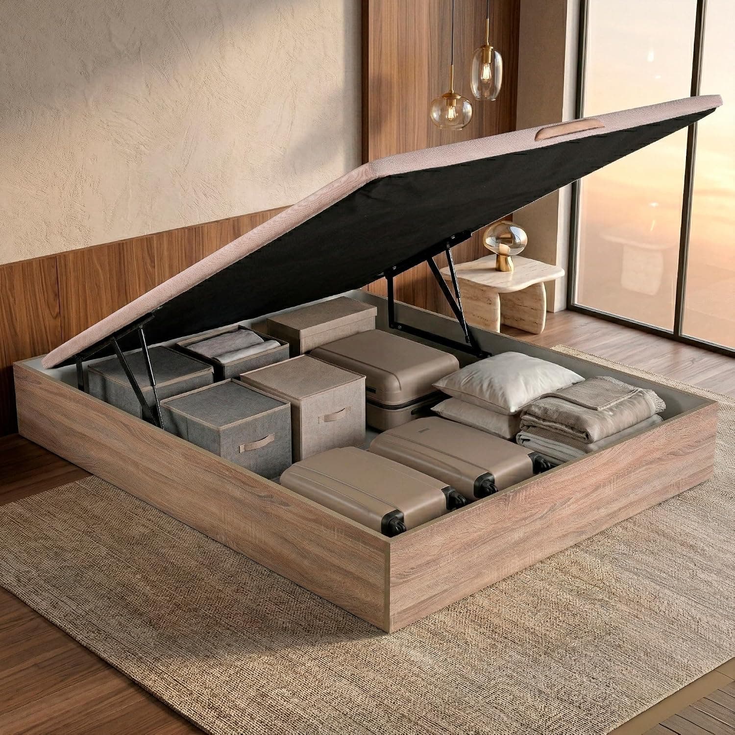 ROYAL SLEEP Canapé Abatible de Madera | 135x190 | Montaje y Retirada de Usado Incluido | Gran Capacidad | Tapa 3D Transpirable | 32 cm | Color Natural | Space Bed