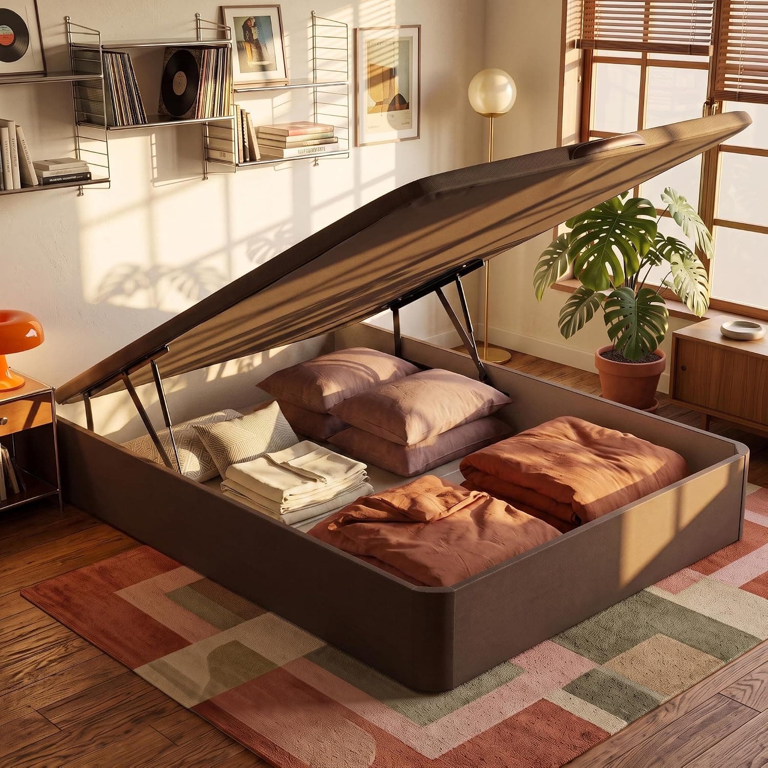 What The Sleep | Canapé Abatible de Madera Gran Capacidad | 150x190 | Montaje y Retirada Usado Incluido | Wengué | 32 cm | Apto Todos Colchones | Esquinas Delanteras Redondeadas | Storage Bed