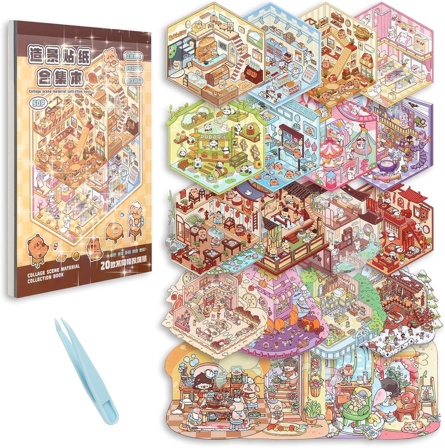 Vicloon 3D Sticker Scene, 20 Juegos de Pegatinas Casa para Adultos y Niños, Lindo Fun Cartoon 3D con Pinzas, Reutilizables DIY Scene Stickers House, Restaurantes Fiestas Manualidades Creativas Regalos
