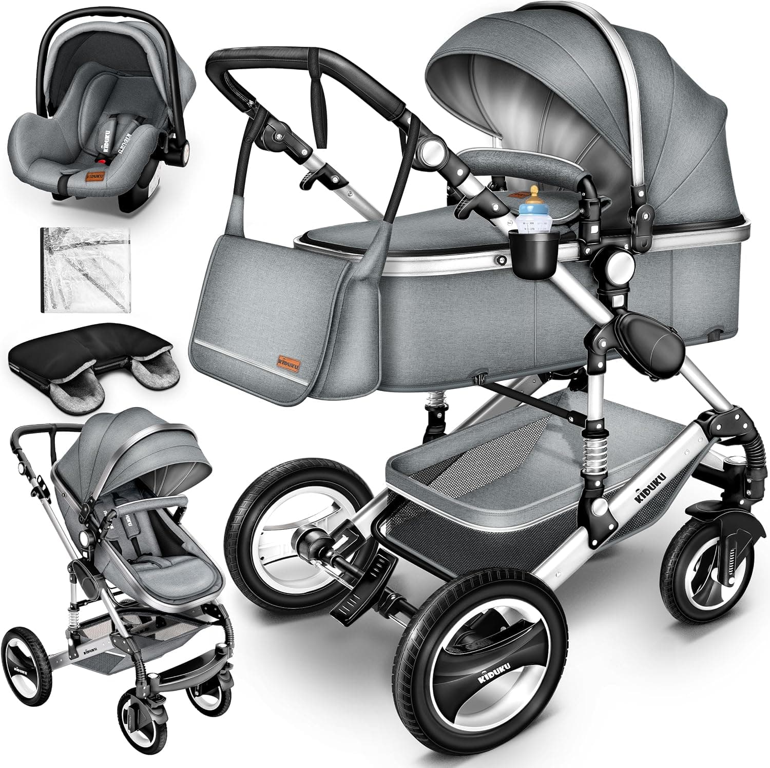 KIDUKU® Carrito de Bebé 3 en 1 | Silla de Paseo para Niños | Carricoche de 3 Piezas | Capazo, Cambiador, Cubrepiés | Sillita Coche Ligera Infantil ECE R129